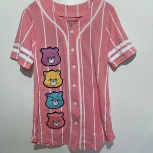 Care Bears Women's Multicolor Stripe Button Front Short Sleeve Jersey Top Medium